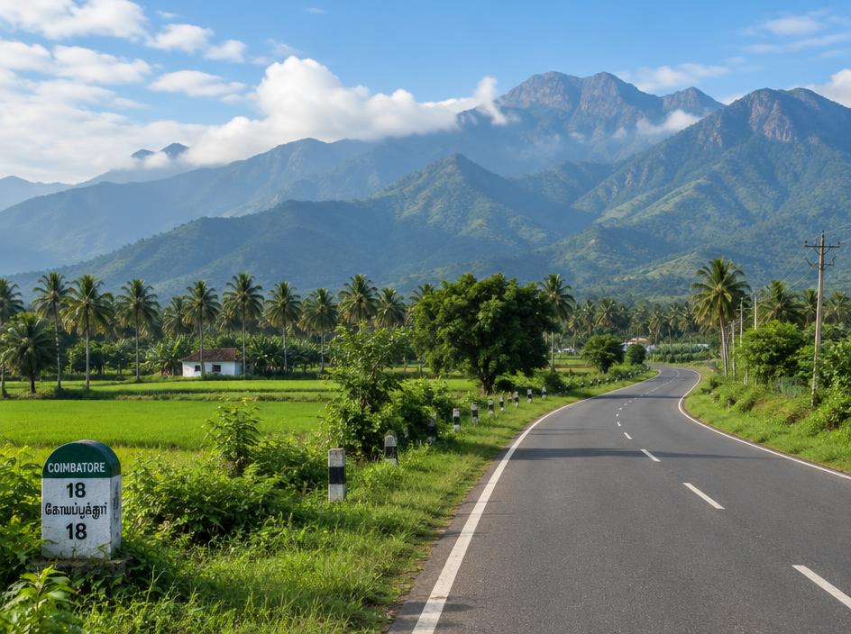 Road near Coimbatore with the Western Ghats behind