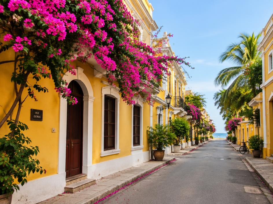 Yellow colonial houses in the Pondicherry French quarter